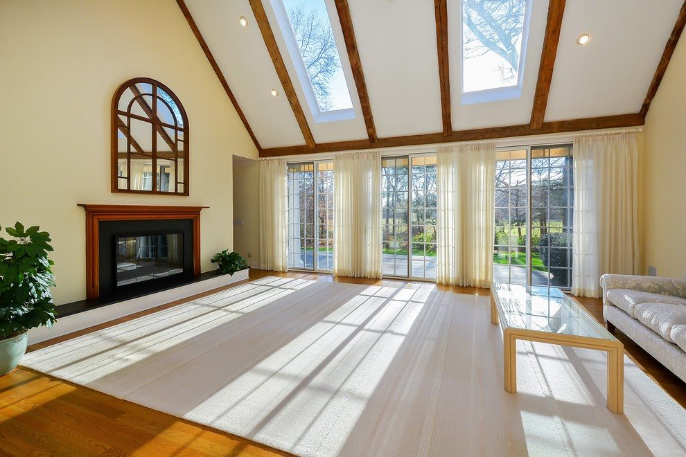 New York City Real Estate | View  | WELCOME! Upon entering; Open plan LR w/ fireplace, skylights and french doors | View 6